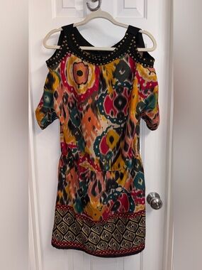 Angie Multicolor Ikat Cold-Shoulder Dress with Stud Accents